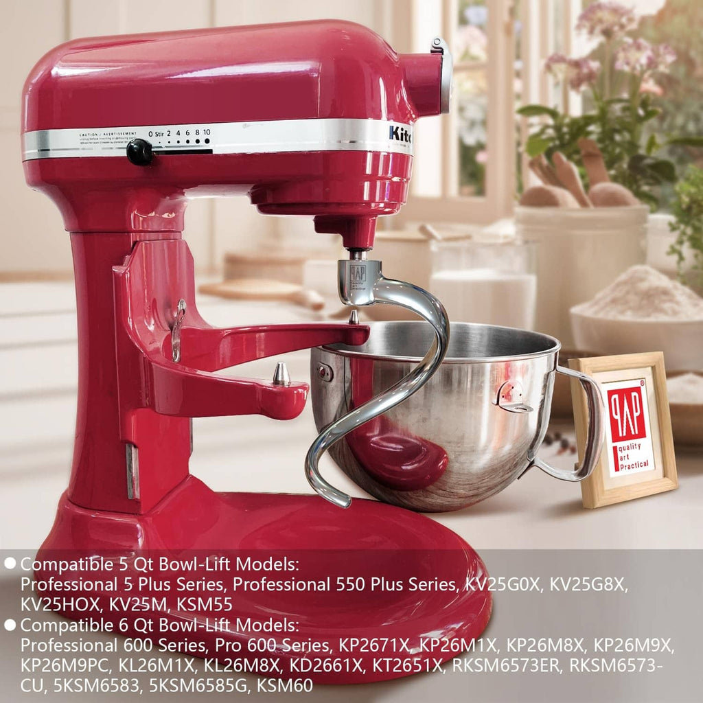 Stainless steel spiral dough hook installed on red KitchenAid stand mixer