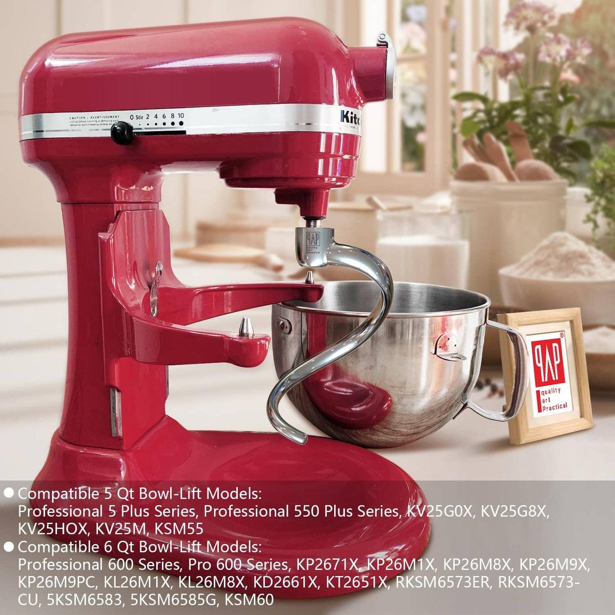 Stainless steel spiral dough hook installed on red KitchenAid stand mixer