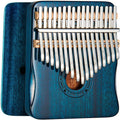 Blue wooden kalimba with 17 metal tines and circular sound hole