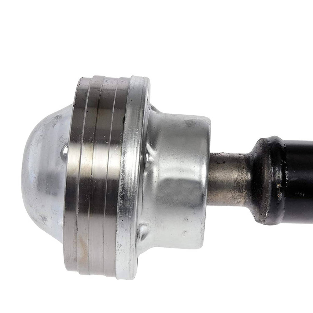 Front drive shaft end with silver flange housing and black booted shaft stub.