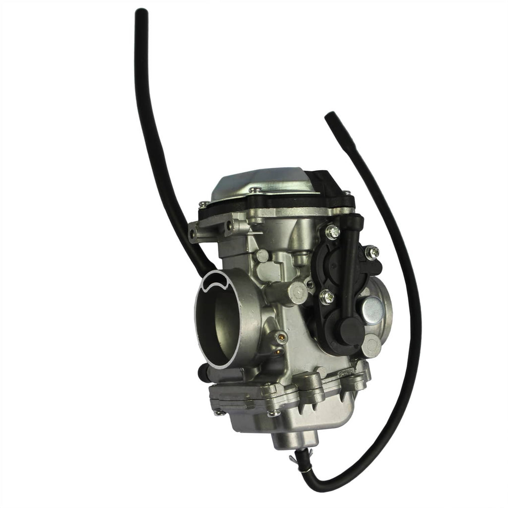 ATV carburetor with air intake horn, choke controls, and two black hoses