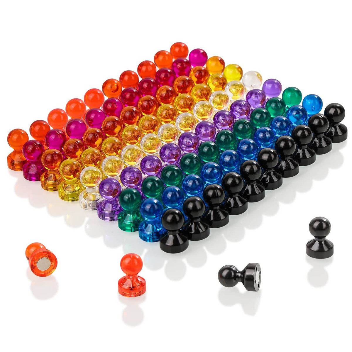Assorted magnetic push pin magnets in mixed colors, including clear, purple, green, black