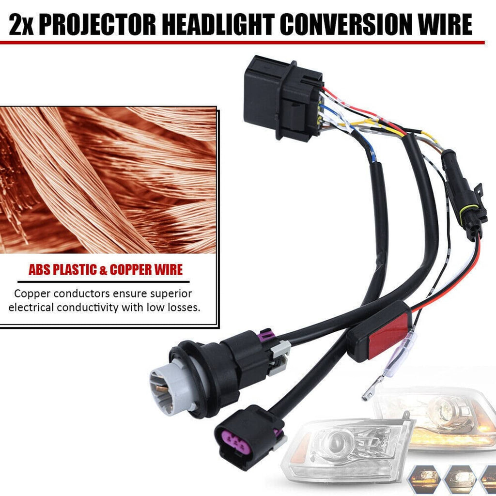 Projector headlight conversion harness with ABS plastic housing and copper wire strands