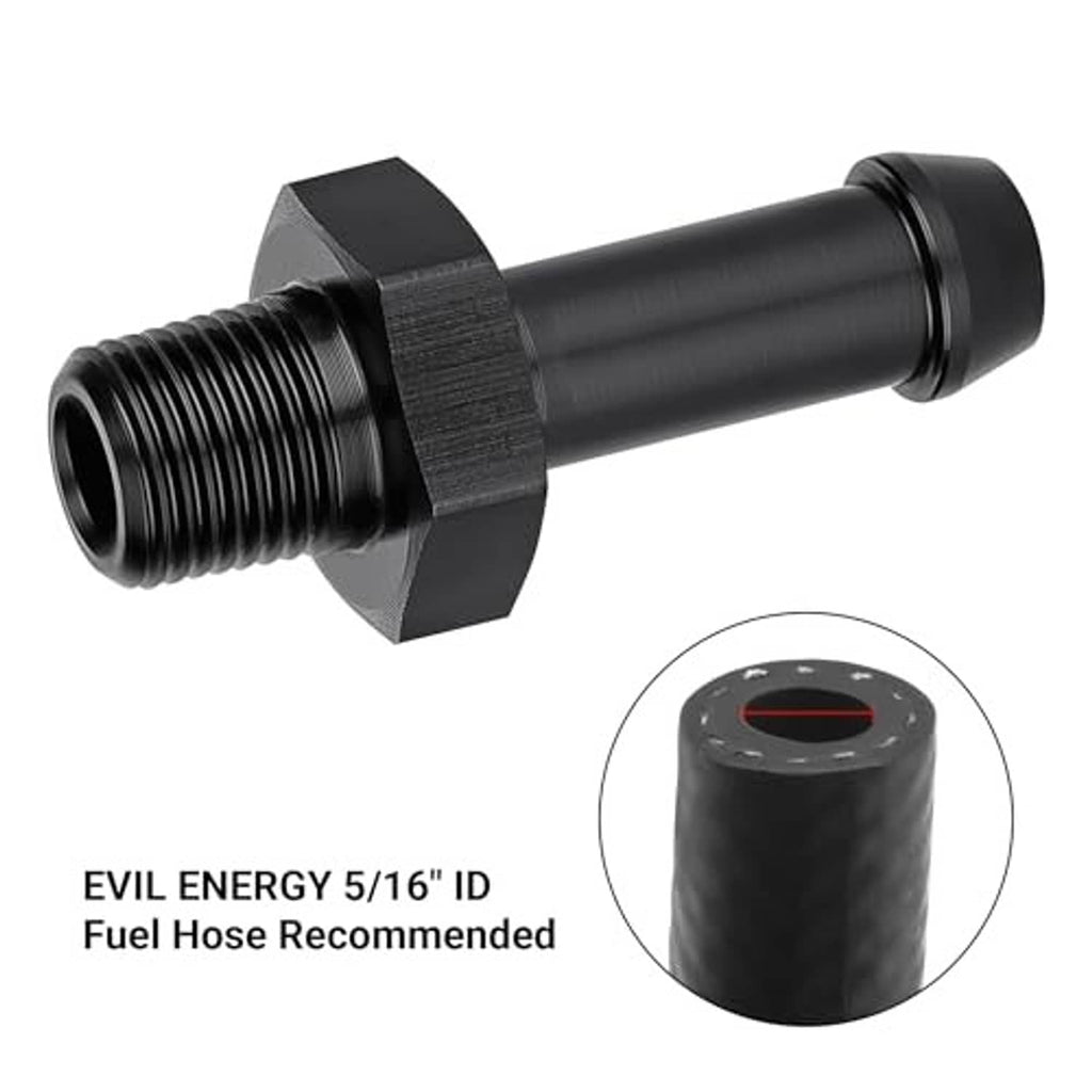 Black barbed hose adapter with 1/8-27 NPT male threads and 5/16 barb