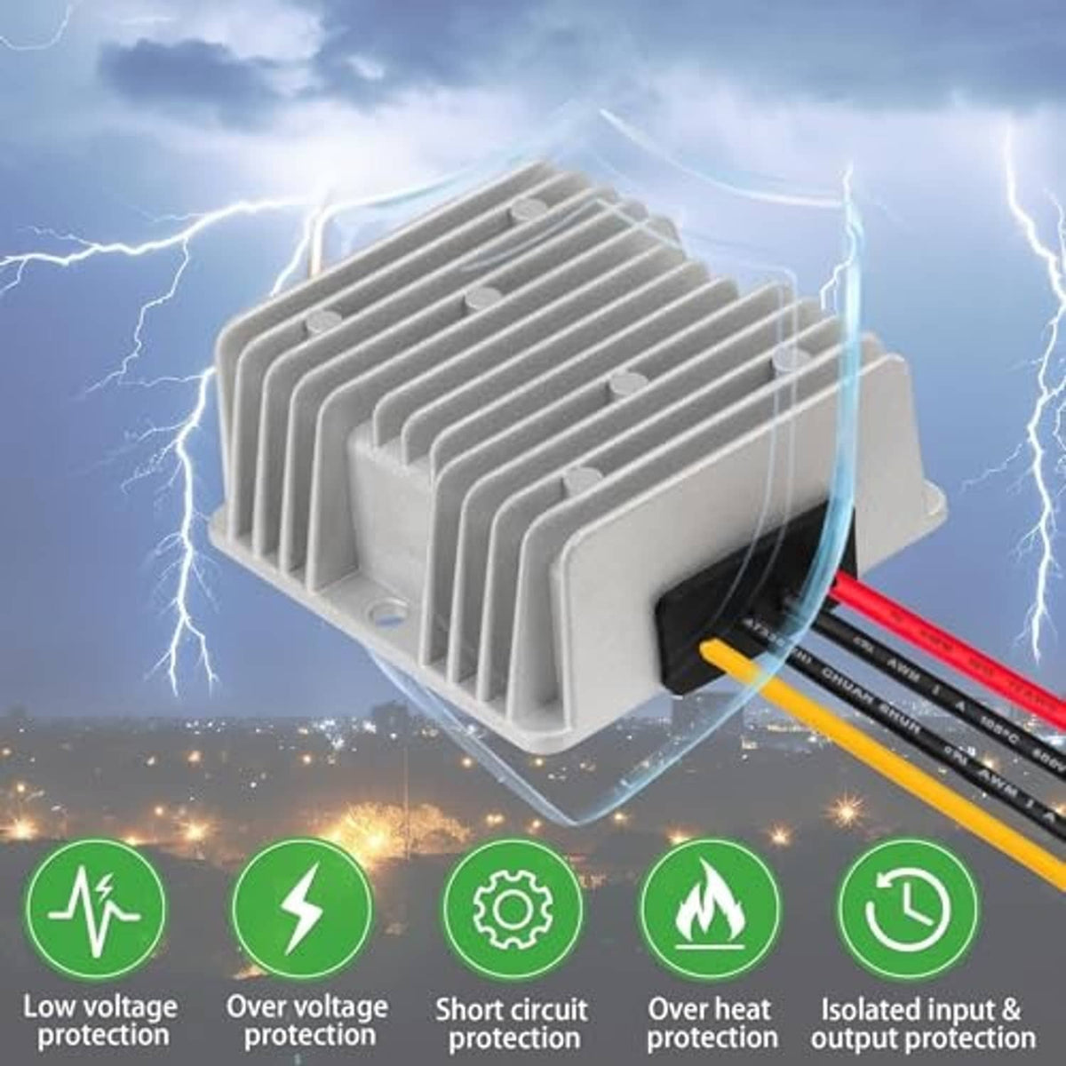 Buck-boost converter with silver heatsink and red, black, yellow power wires