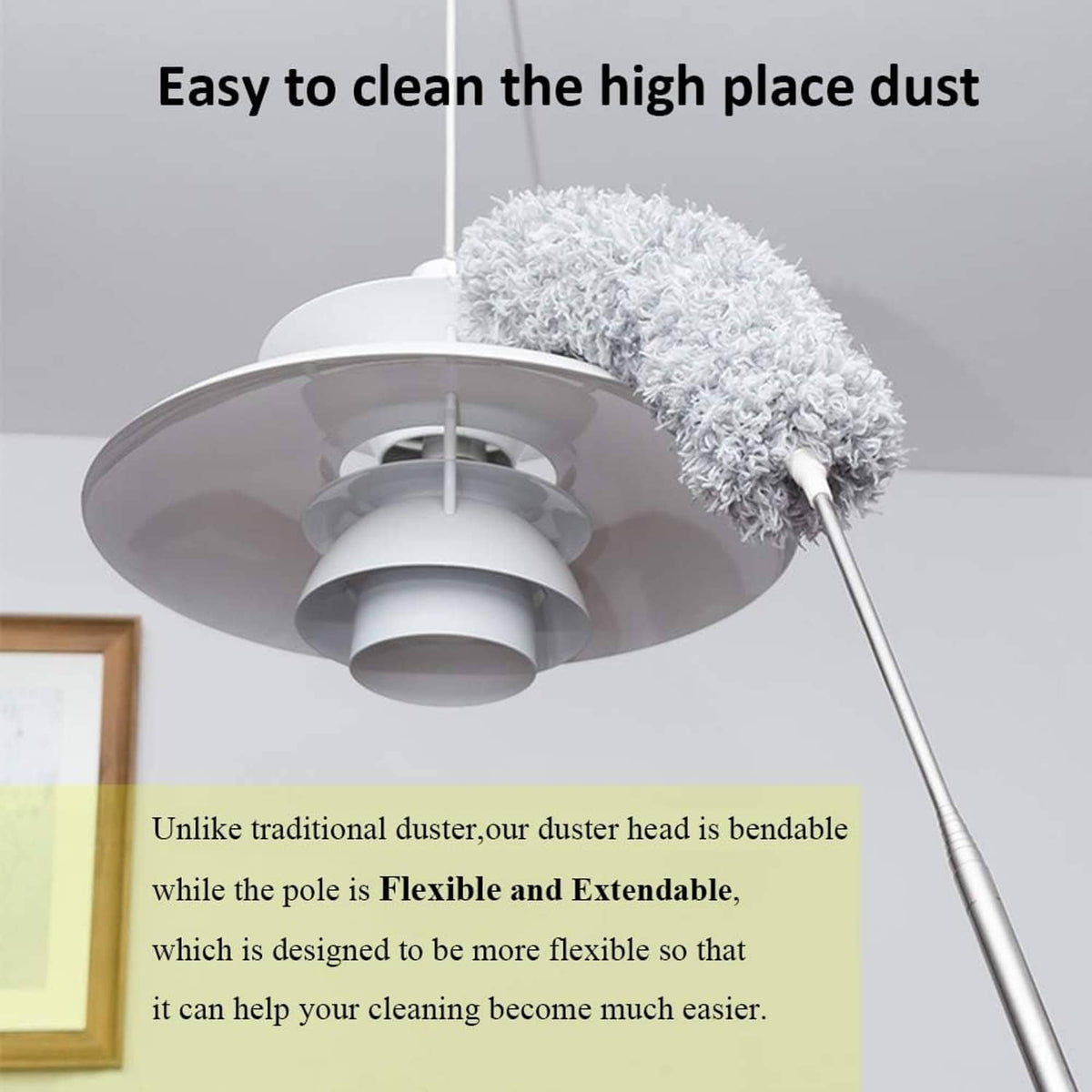 Gray microfiber feather duster on a long extendable pole for high dusting