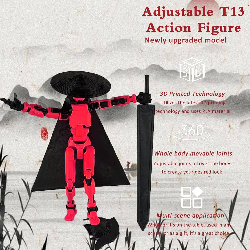 Red-and-black adjustable action figure standing with shield and blade weapon accessories