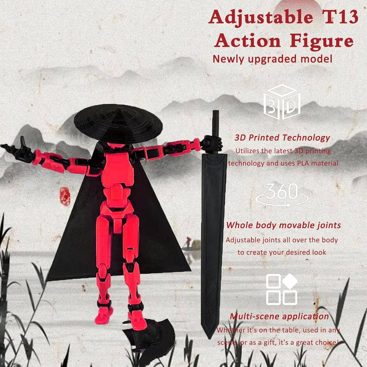 Red-and-black adjustable action figure standing with shield and blade weapon accessories
