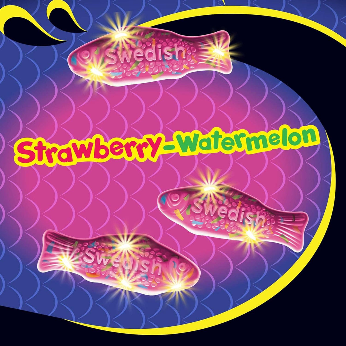 Strawberry-watermelon Swedish Fish mini glowups package artwork with glowing fish icons