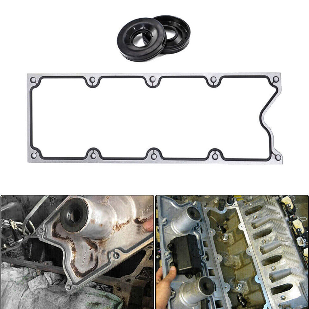 Flat metal cover gasket with two black rubber seals