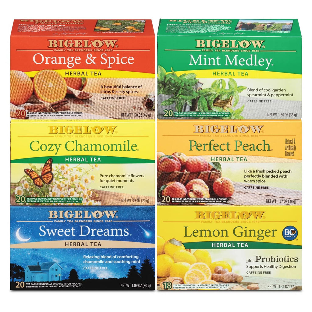Bigelow herbal tea variety pack, six flavor boxes with 20 tea bags each