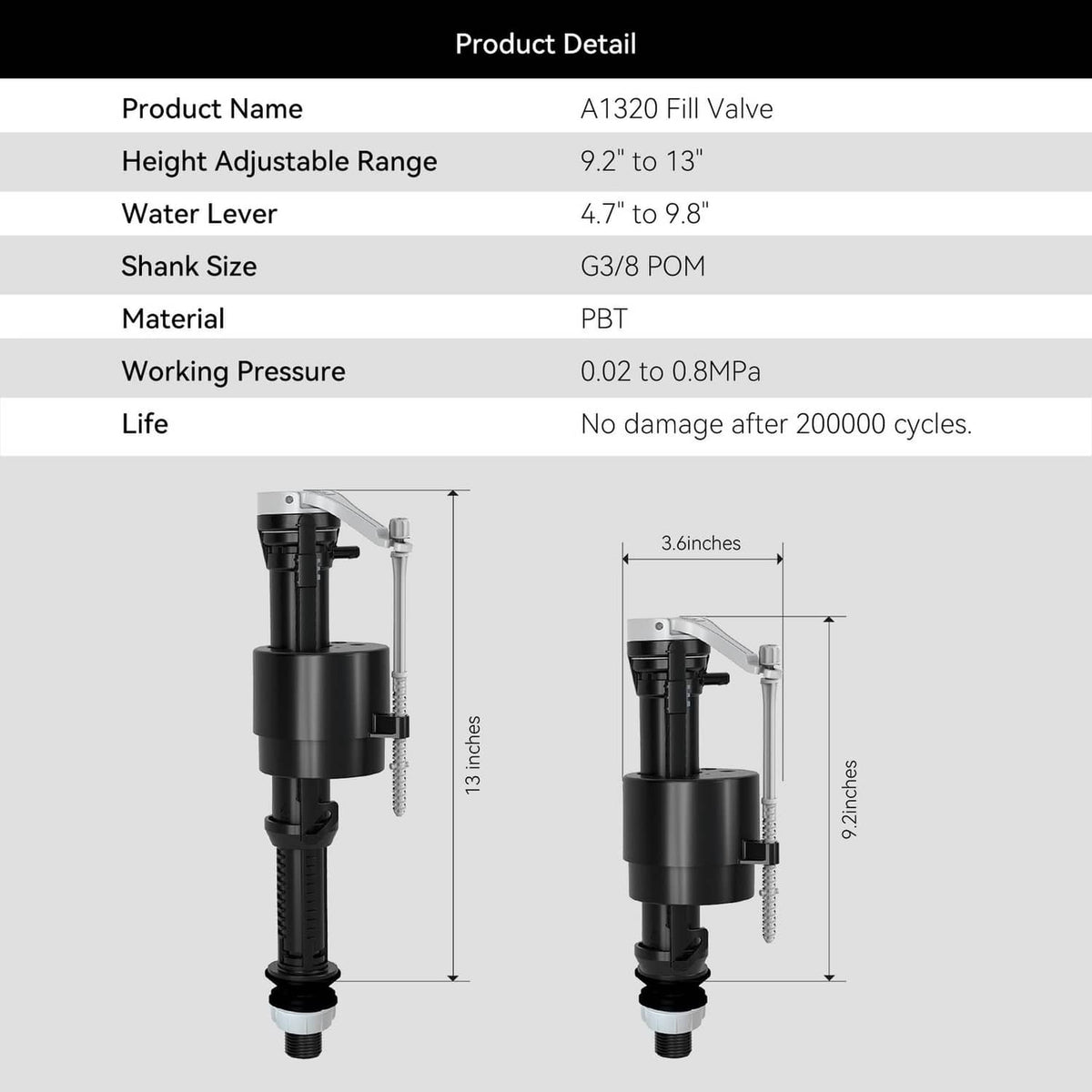 Toilet fill valve size diagram with adjustable height and shank dimensions