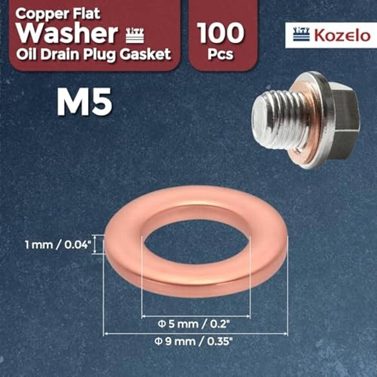 Metric copper flat oil drain plug gasket washer, M5 size (5x9x1mm)