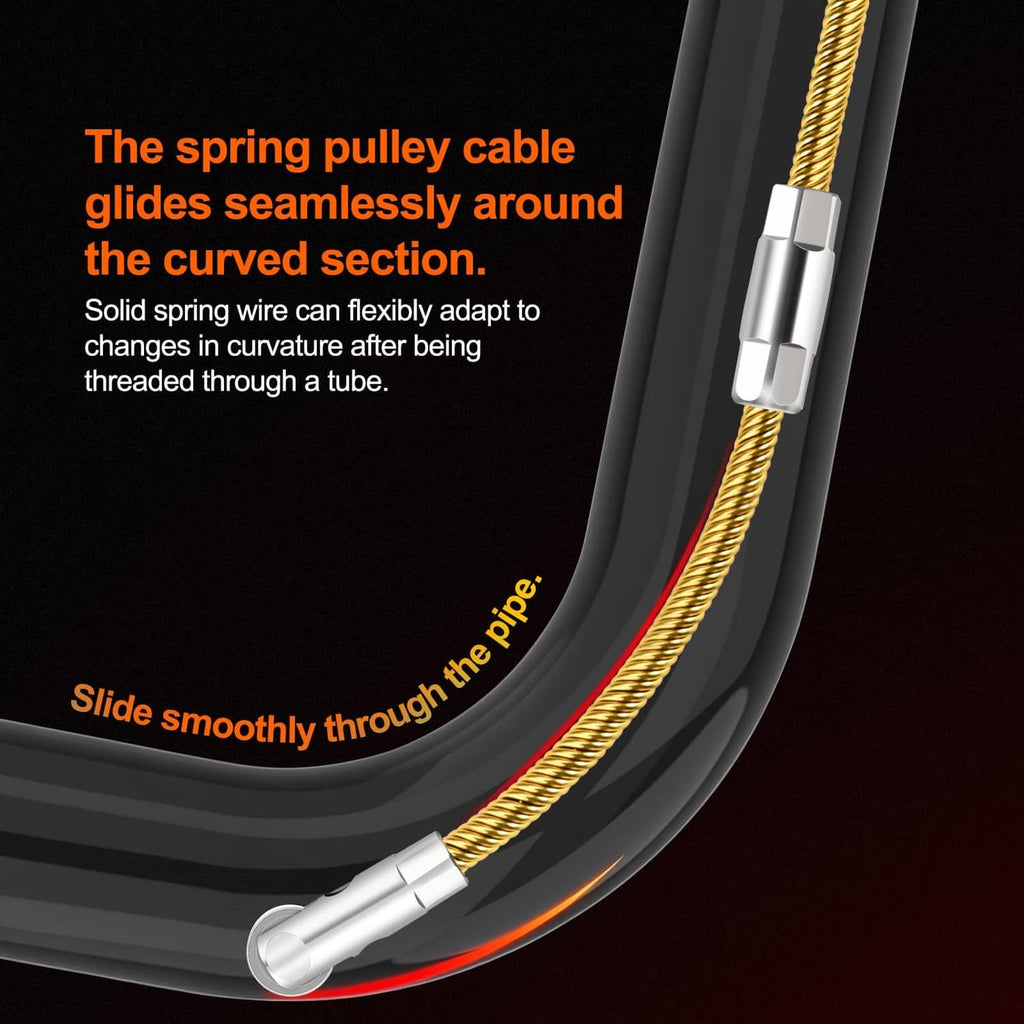Gold spring fish tape passing through a curved conduit with silver end cap.