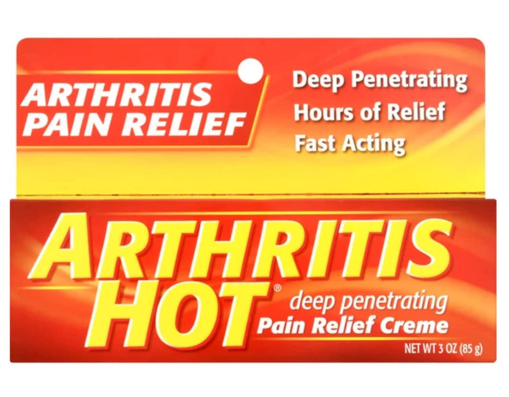 Pain relief creme box front display with orange “Arthritis Hot” label, 3 oz