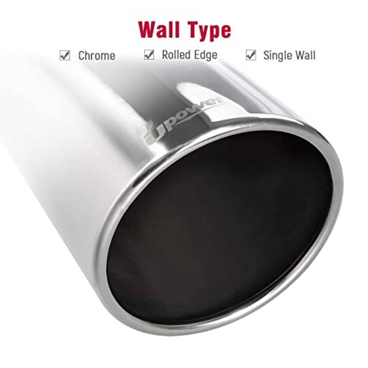 Chrome exhaust tip close-up with rolled edge and black oval inlet opening