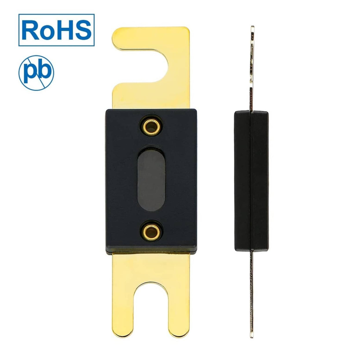 ANL fuse holder with gold contact terminals, black bracket, and mounting stud