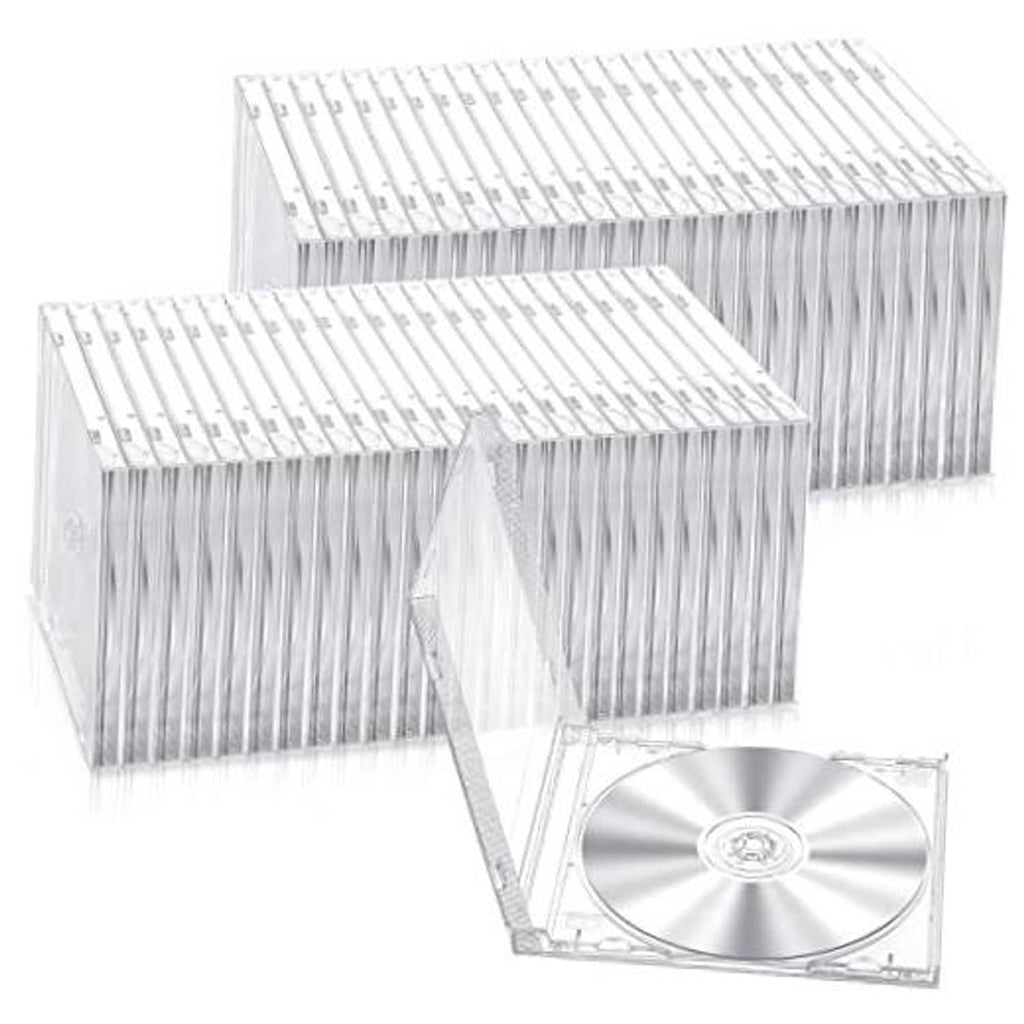 Clear plastic CD jewel case set, stack of single-disc cases with hinged tray