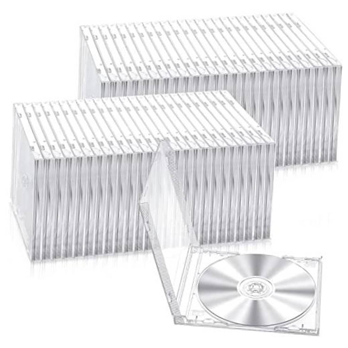 Clear plastic CD jewel case set, stack of single-disc cases with hinged tray