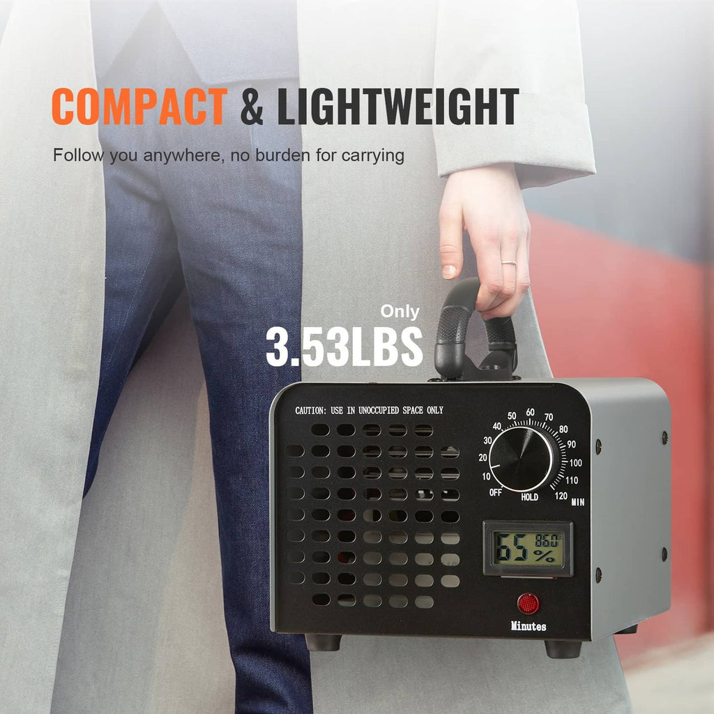 Compact ozone generator with handle, vented front grille, control dial, and humidity display.