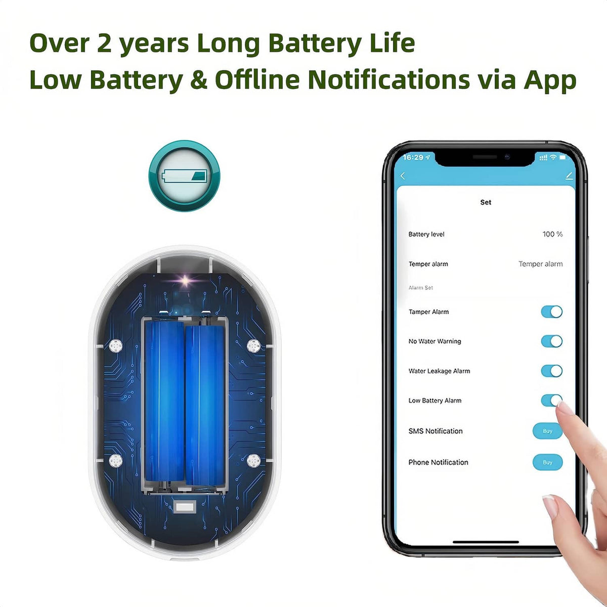 White water leak detector alarm with app notifications and low-battery monitoring