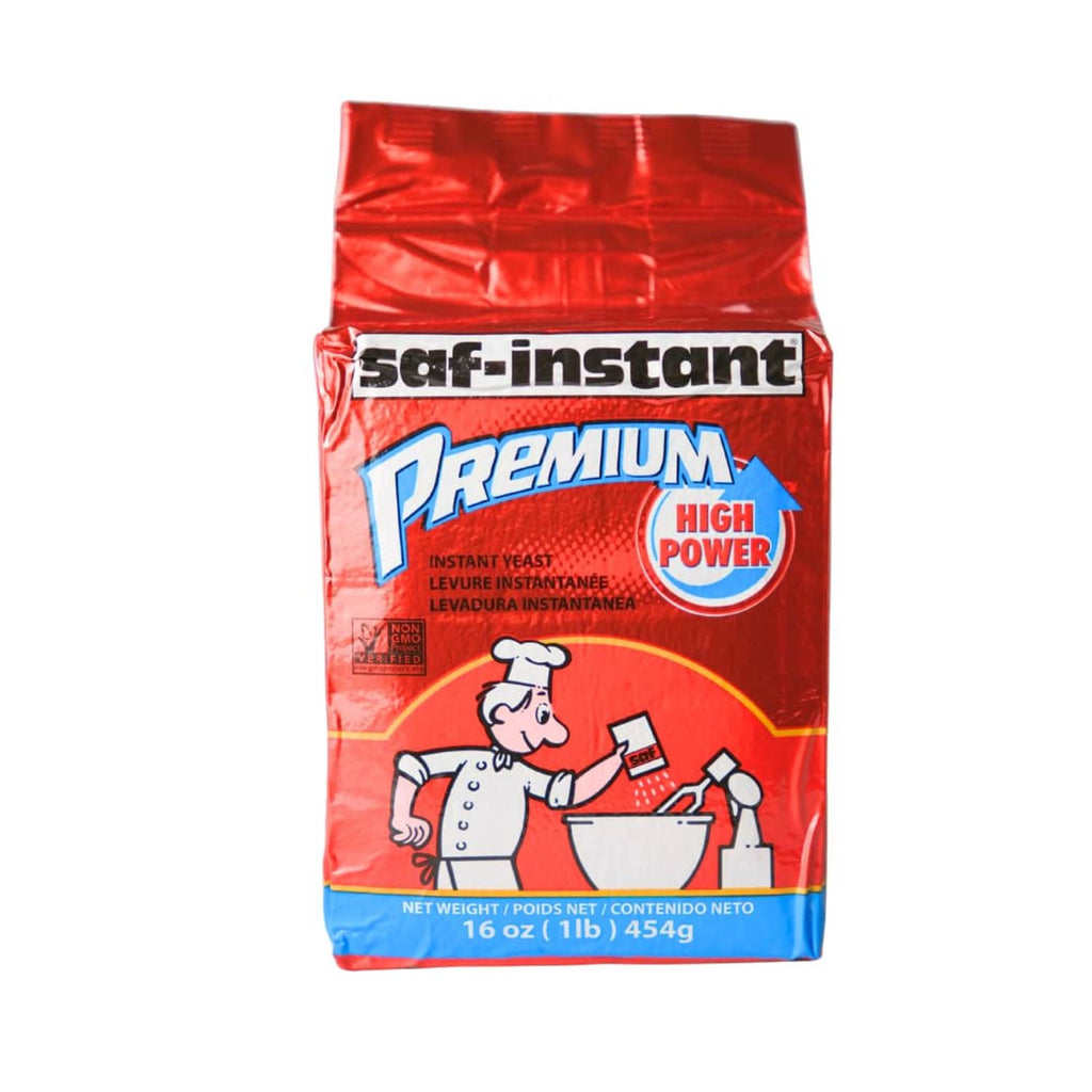 Red saf-instant Premium High Power instant yeast pouch, front label and net weight