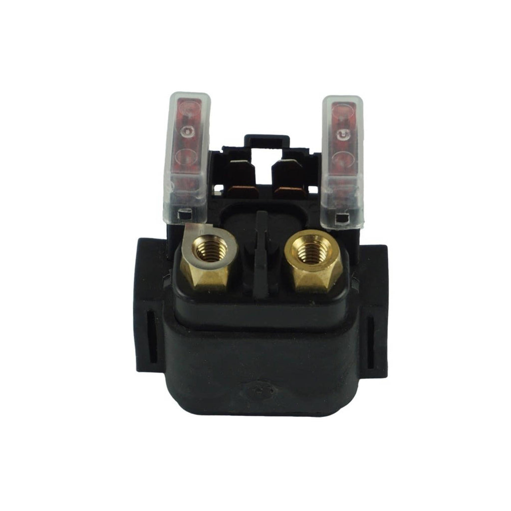 Starter solenoid relay with two brass terminals and red-tinted contact covers