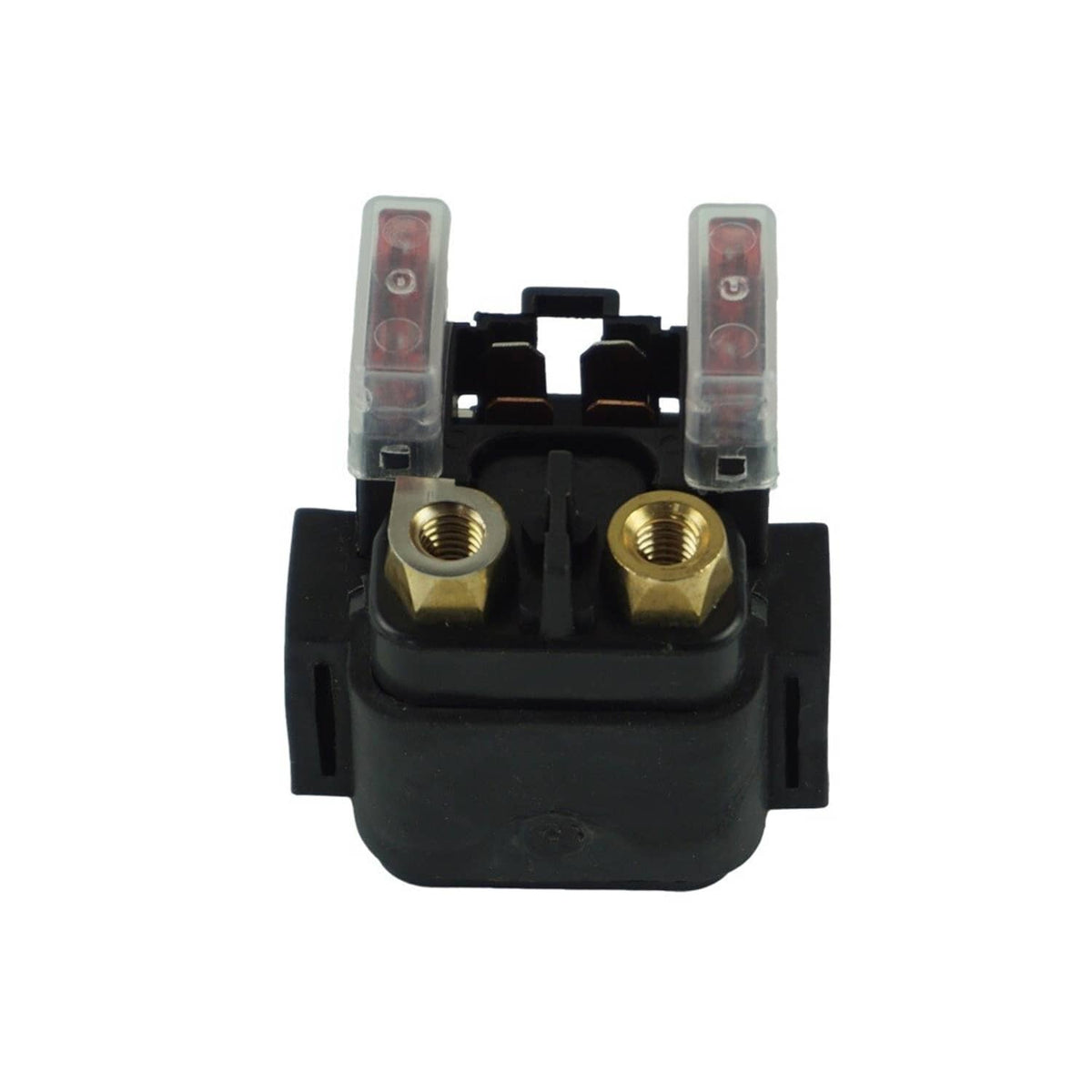 Starter solenoid relay with two brass terminals and red-tinted contact covers