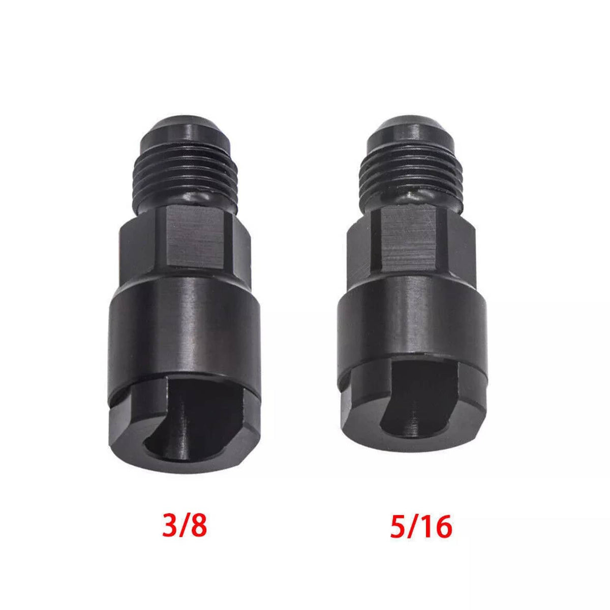 Pair of black 6AN fuel adapters: 3/8 and 5/16 quick-connect sizes, female threads