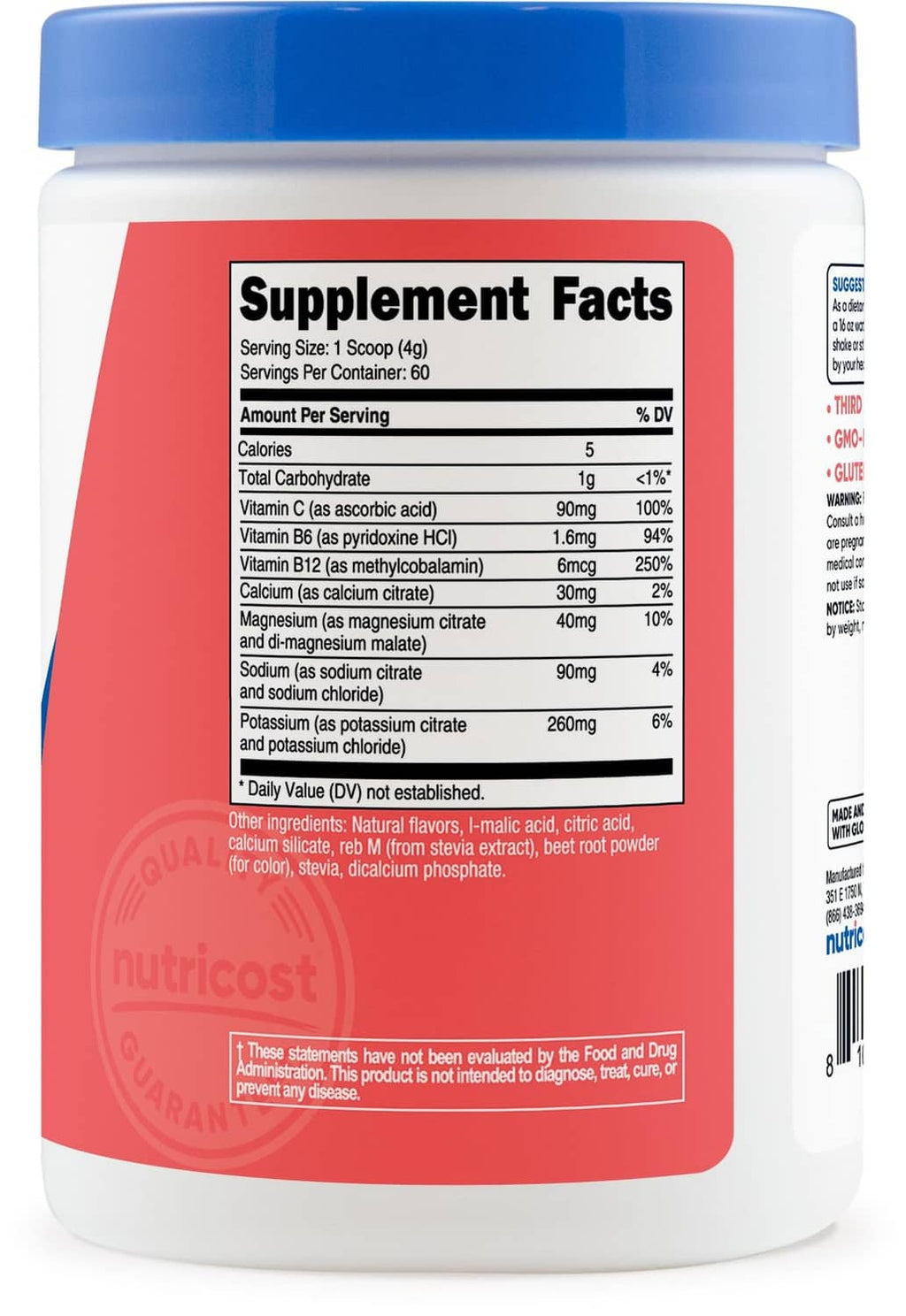 Supplement Facts panel for strawberry lemonade electrolytes powder, serving and DV chart