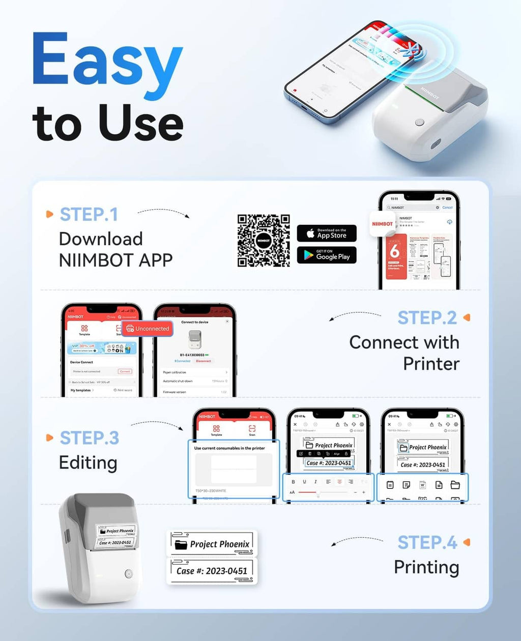 Grey label printer showing app setup steps and phone connection diagram