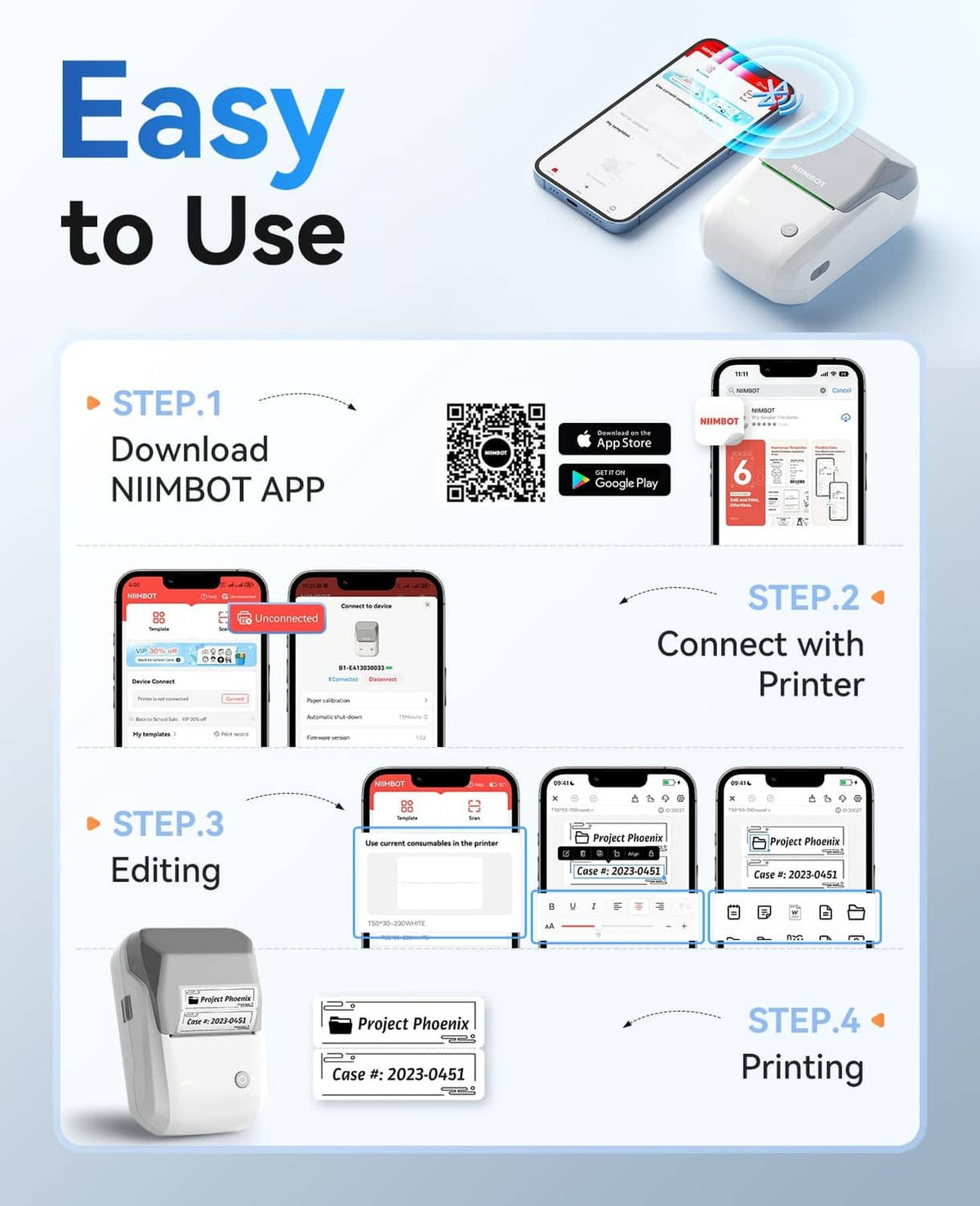 Grey label printer showing app setup steps and phone connection diagram