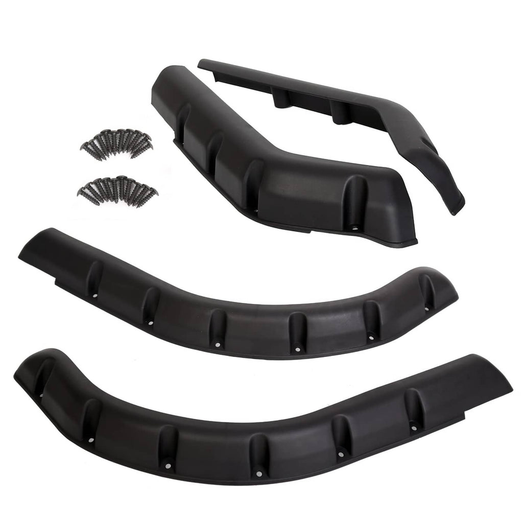 Four-piece black fender flare set with curved edges, vented channels, and mounting posts.