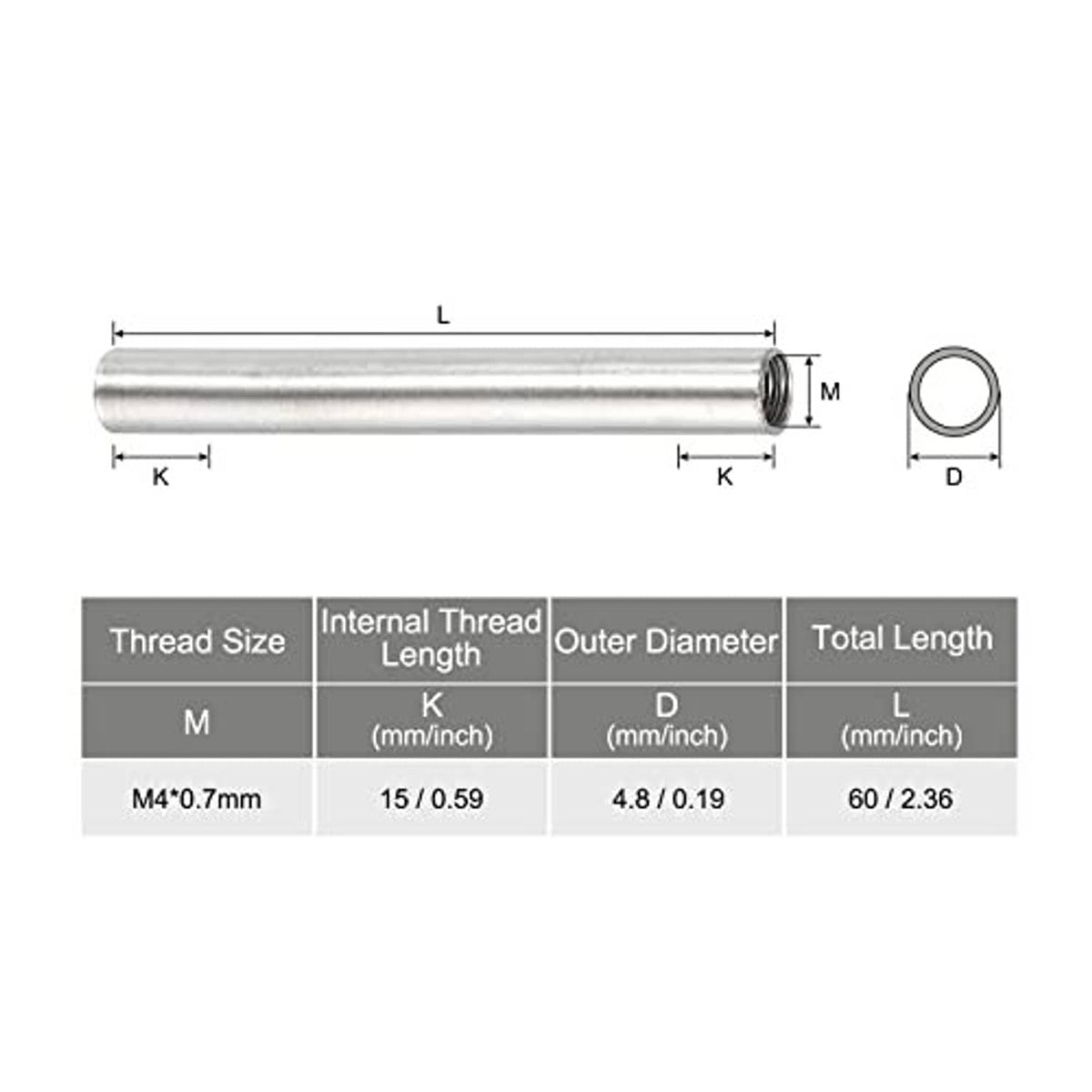 Steel coupling sleeve dimension diagram for M4x0.7 female thread, 60mm total length.
