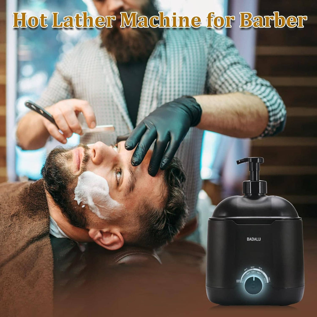 Hot lather machine with pump top and temperature dial beside barber lathering