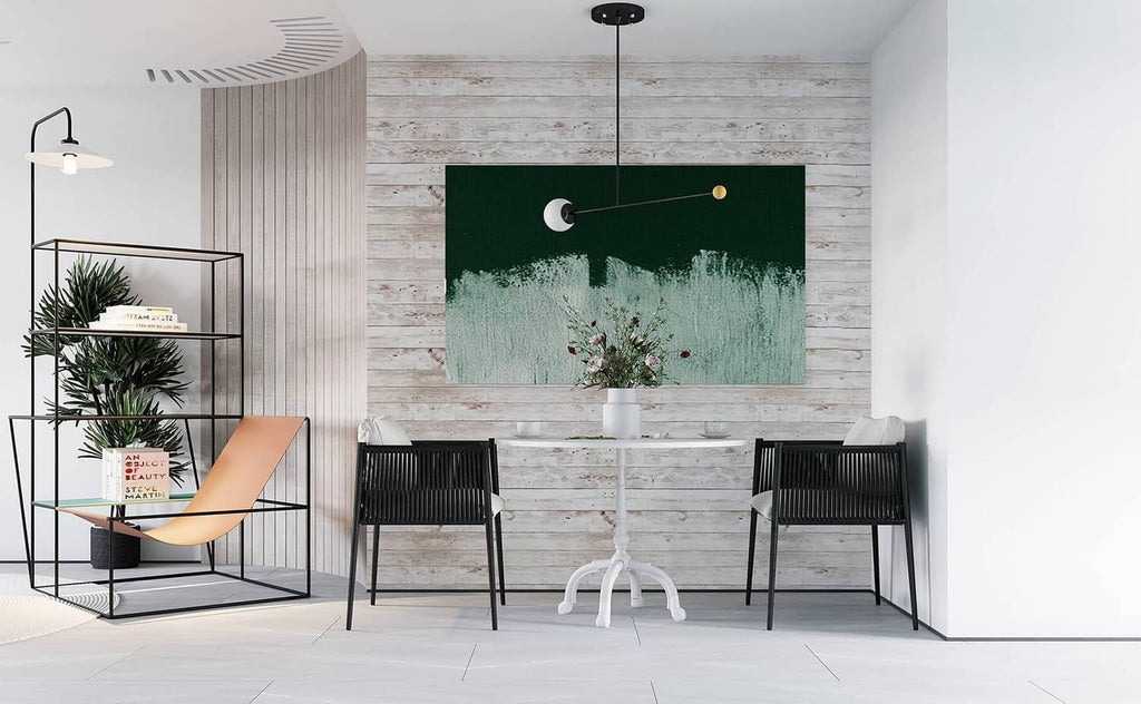 Peel-and-stick wood grain wallpaper on an interior wall with whitewashed plank texture.
