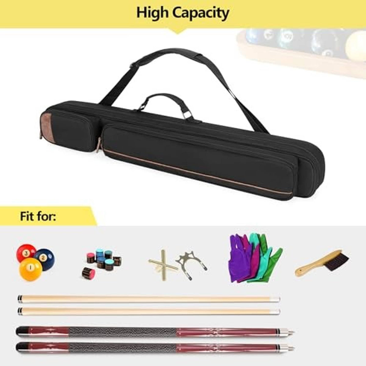 Black pool cue case with wide handles and protective padding, shown closed
