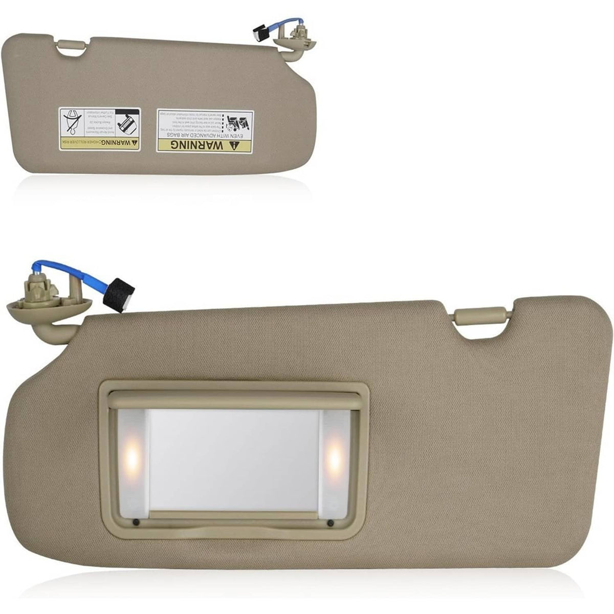 Beige left driver sun visor with vanity mirror window and lighted interior panel