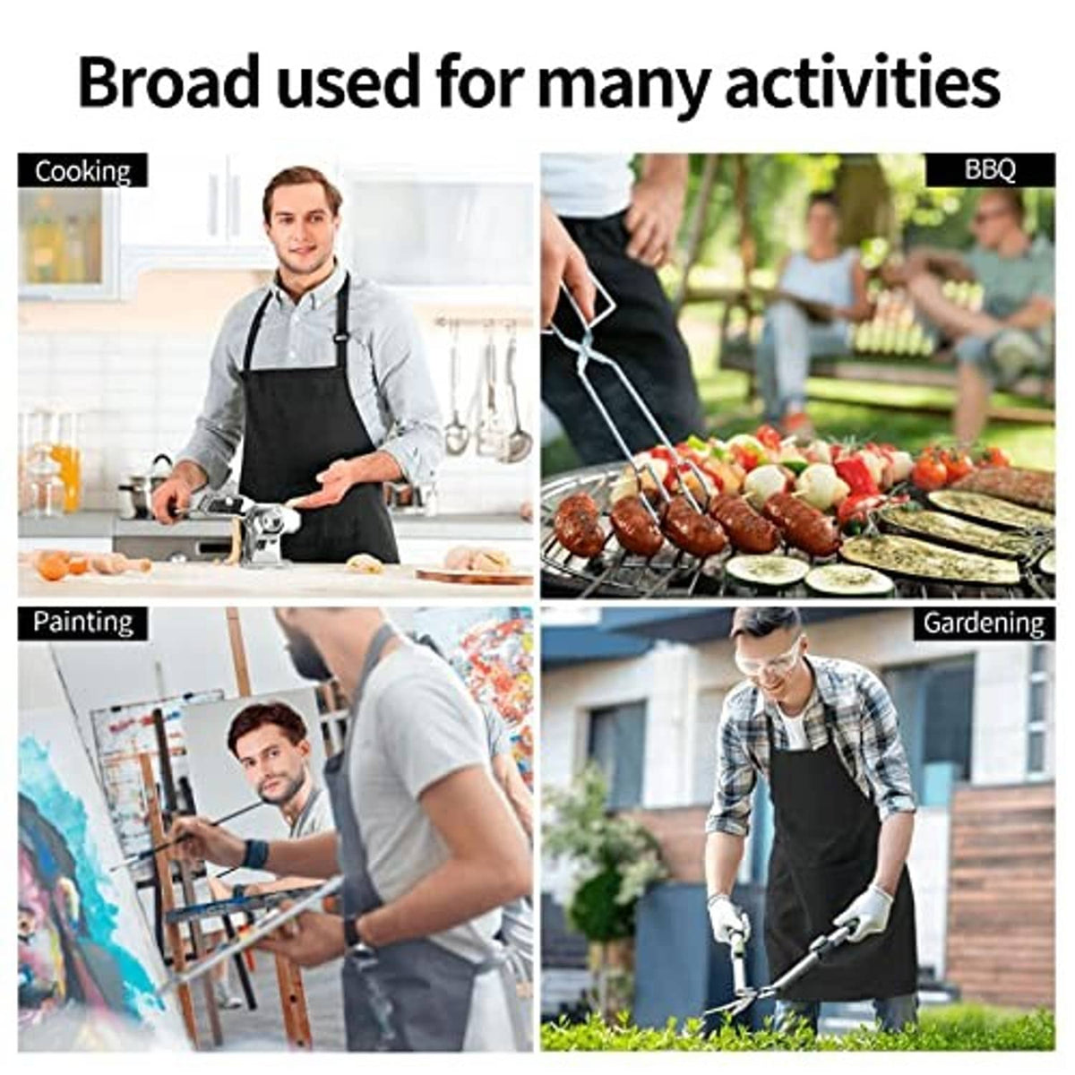 Apron use-cases infographic with cooking, BBQ, painting, and gardening icons.