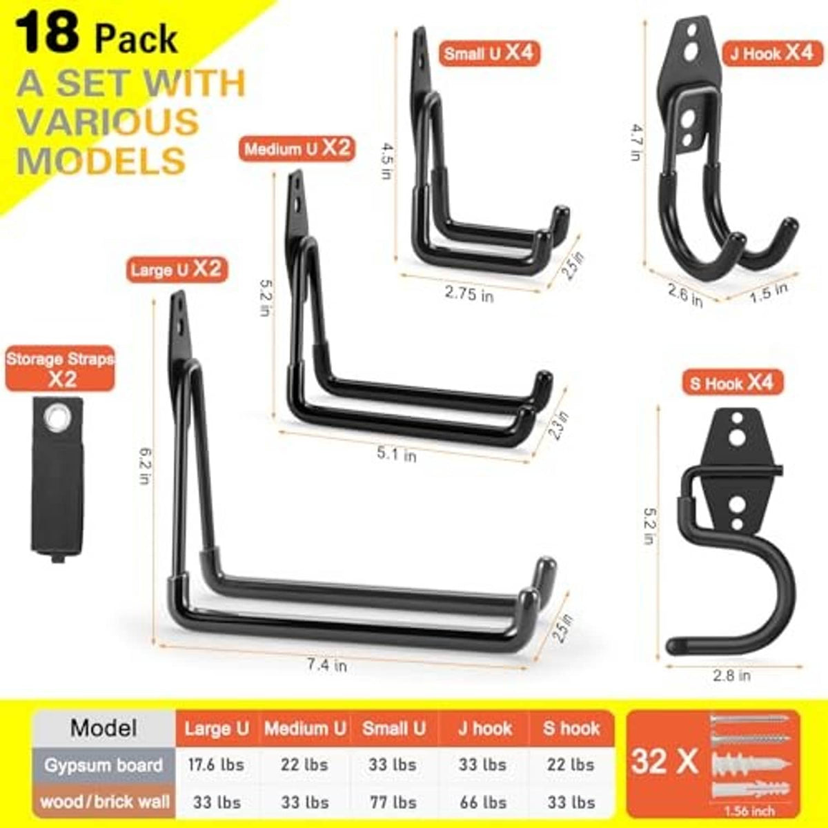 18-pack assorted black garage hooks with different hook styles and mounting plates