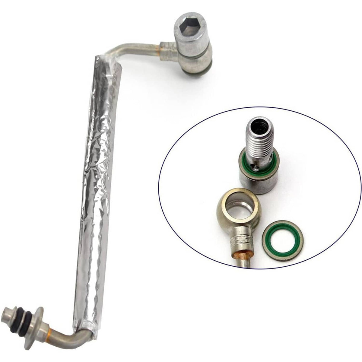 Turbo oil feed pipe tube with hex bolt head and included seal components