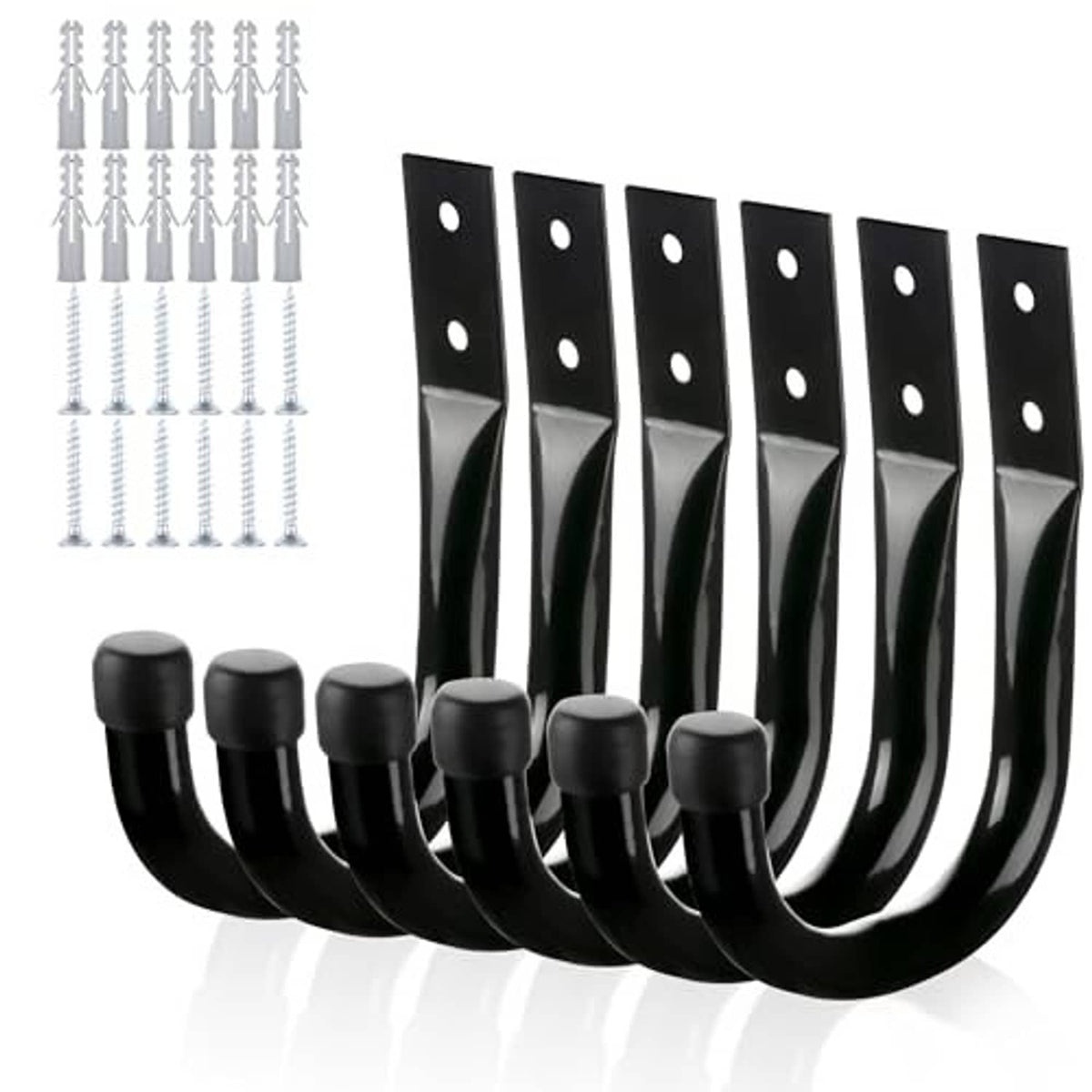 Six black metal wall hooks with arched U ends and rectangular mounting plates
