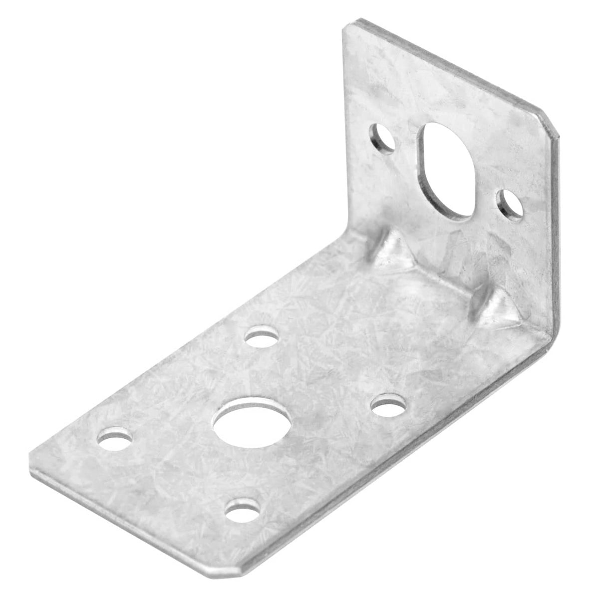 Silver L-angle corner brace bracket with multiple mounting holes and reinforced bend.