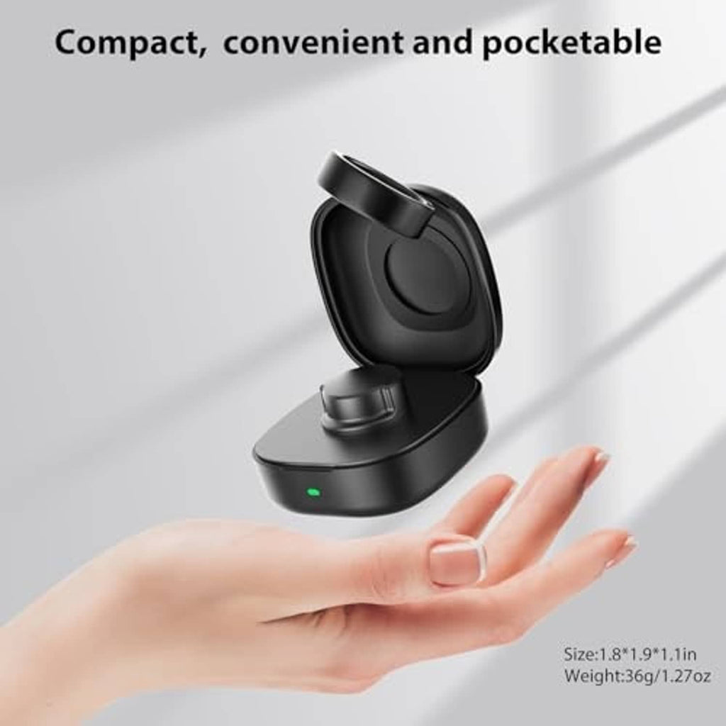 Black wireless charging case with hinged lid and ring cradle, compact upright design