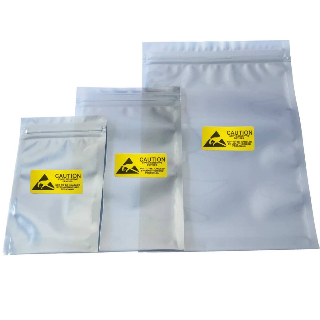 Anti-static ESD bags set, mixed sizes, clear plastic with yellow caution label