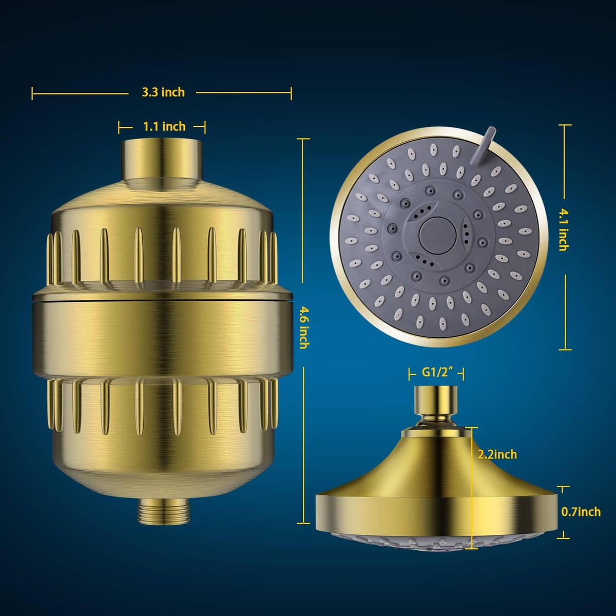 Golden shower head with round nozzle plate and matching filter housing