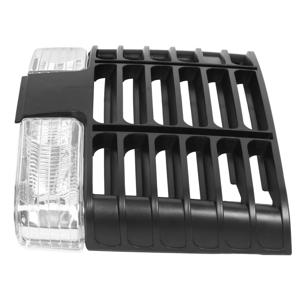 Black ABS grille with two clear headlight lamps and vertical slat panel, front view
