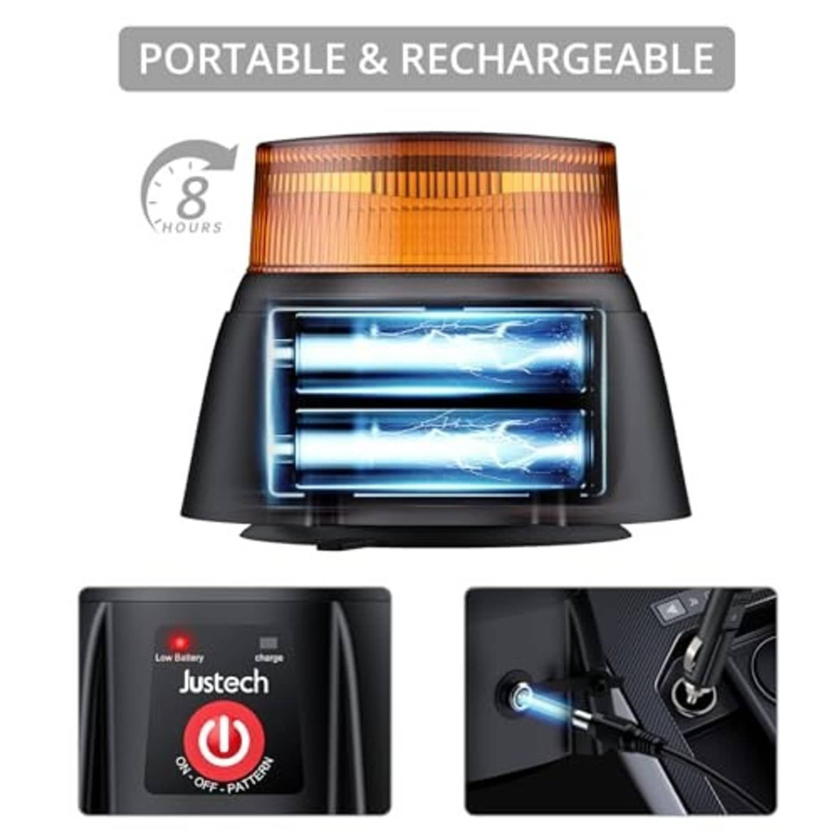 Rechargeable beacon strobe light with black housing and visible LED tubes