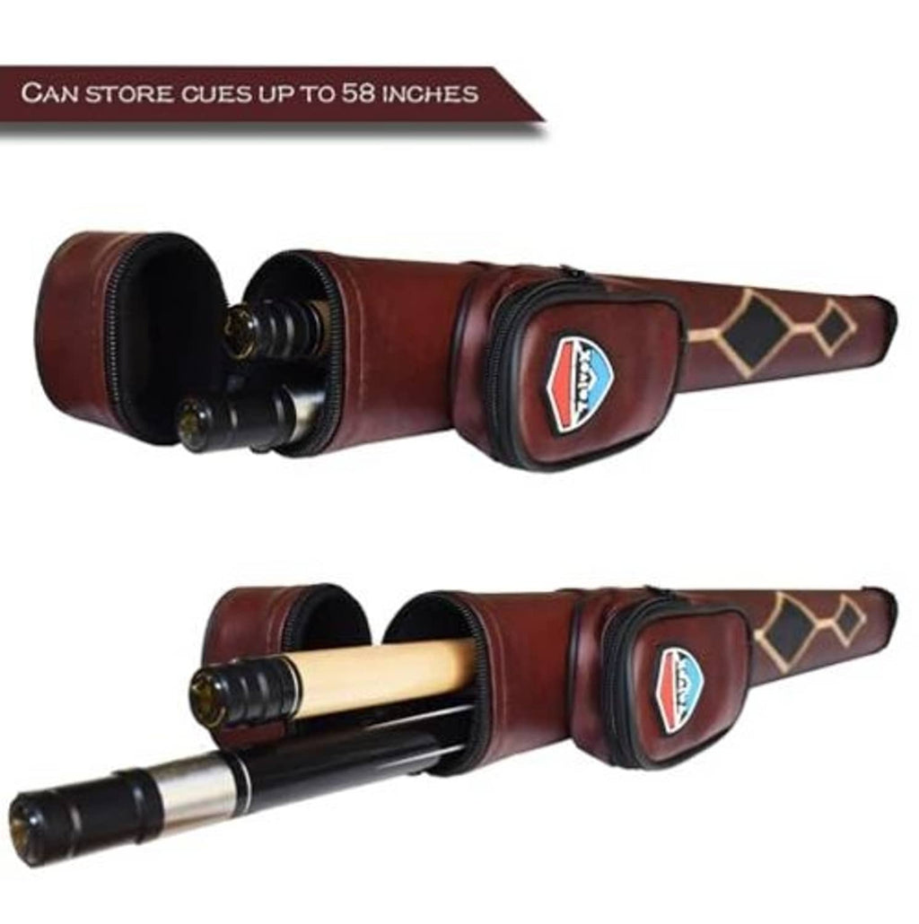 Maroon hard cue case holding a billiard cue with padded end openings and side pouch.