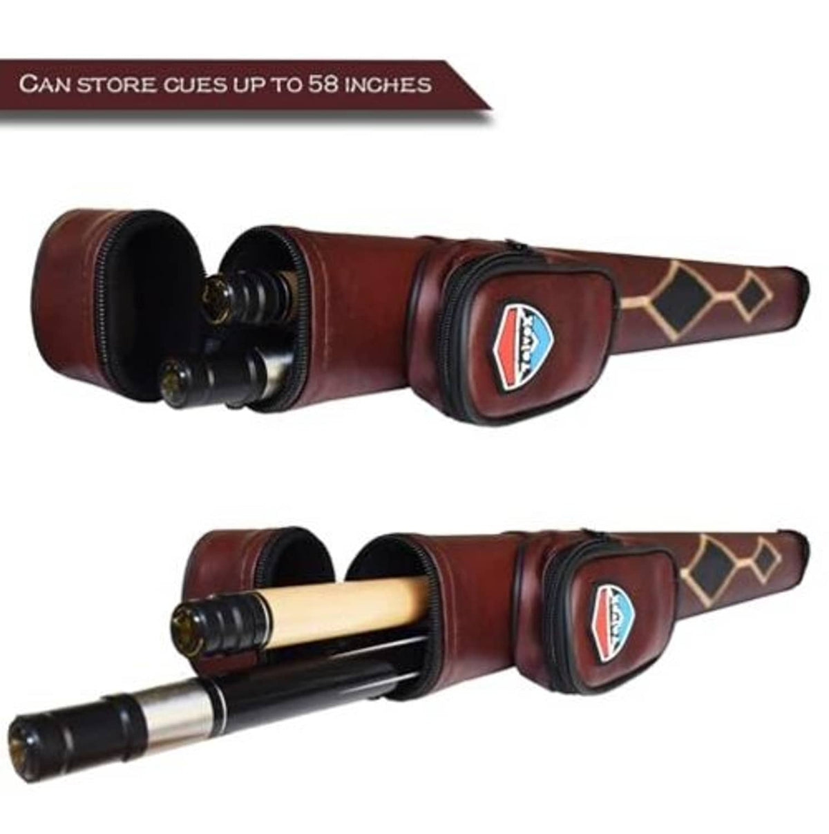 Maroon hard cue case holding a billiard cue with padded end openings and side pouch.